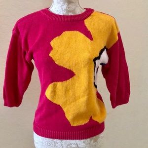 Vintage hot pink sweater with large yellow flower